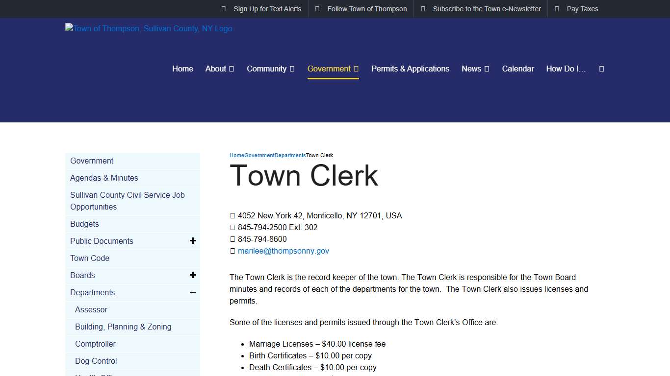 Town Clerk - Town of Thompson, Sullivan County, NY