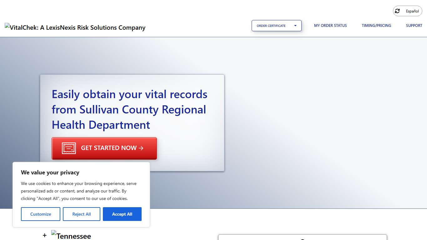 Sullivan County Regional Health Department (TN) Order Certificates - VitalChek