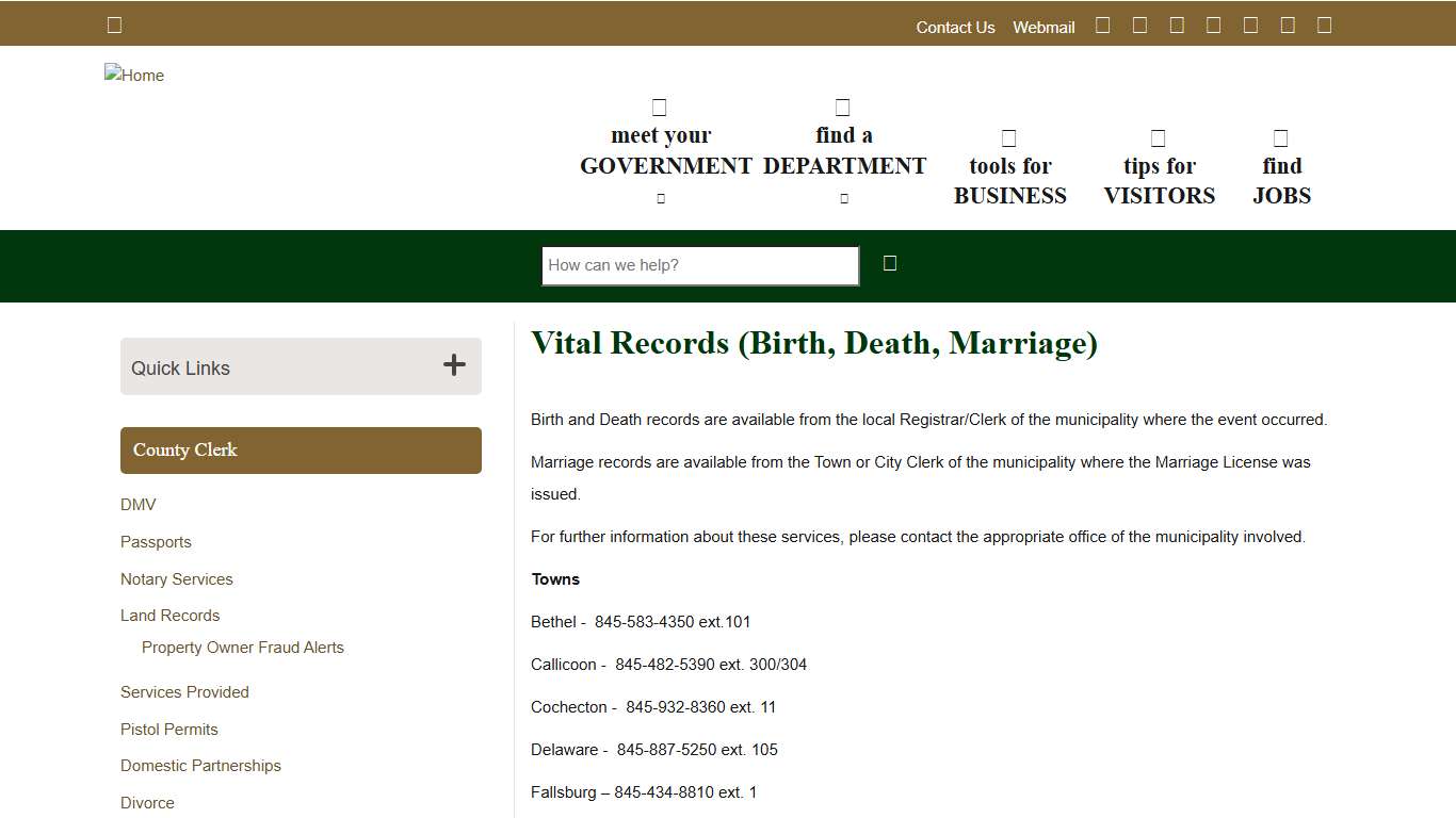 Vital Records (Birth, Death, Marriage) Sullivan County NY