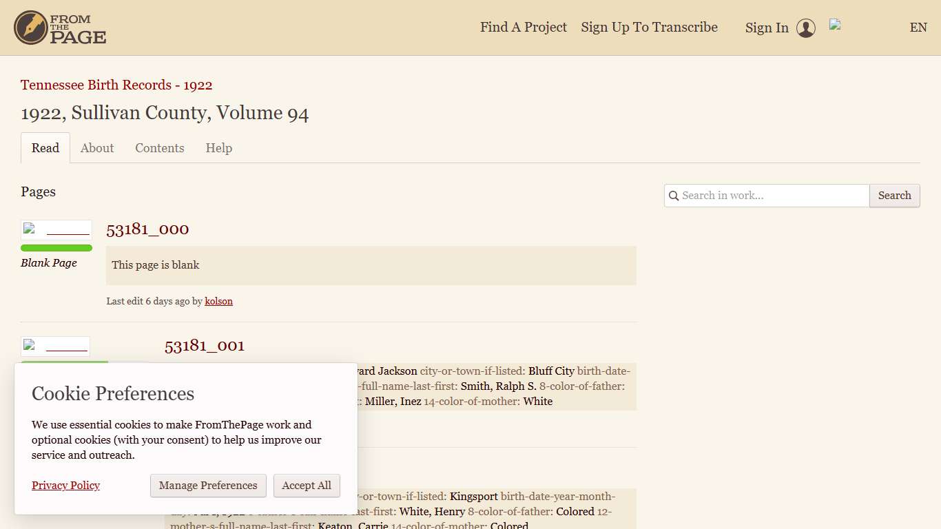 1922, Sullivan County, Volume 94 (Tennessee Birth Records - 1922) FromThePage